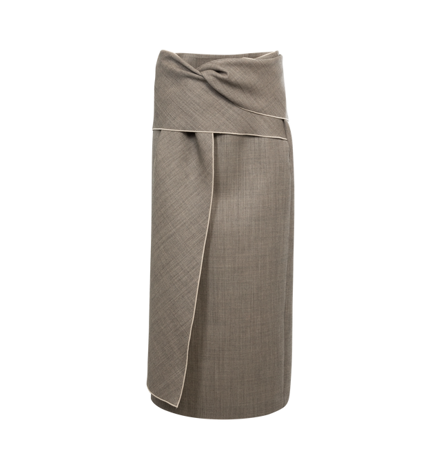 Image 1 of 4 - BROWN - THE ROW Laz Skirt featuring knotted detailing at the hip, mid-rise, back center slit, back zip closure, full length and falls straight from hip to hem. Wool/nylon/polyamide. Lining: silk. Made in Italy. 
