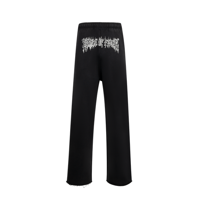 Image 1 of 3 - BLACK - VETEMENTS Cradle of Filth Logo Baggy Sweatpants featuring elasticized waistband, three-pocket styling, text printed at front and relaxed fit. 80% cotton, 20% polyester. Made in Portugal.