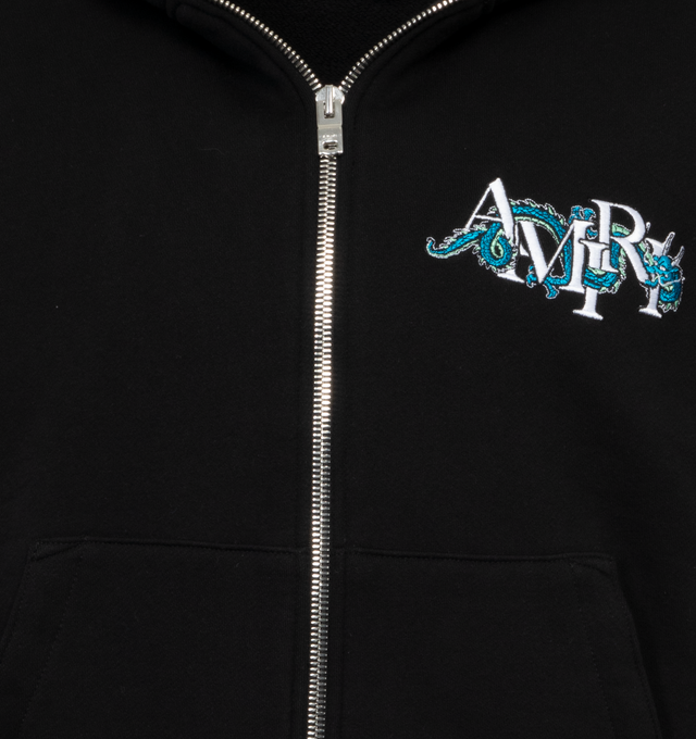 Image 3 of 4 - BLACK - AMIRI CNY Dragon Hoodie featuring two-way zip closure, logo graphic embroidered at chest and back, patch pockets, rib knit hem and cuffs and logo plaque at back hem. 100% cotton. Trim: 95% cotton, 5% elastane. Made in USA. 