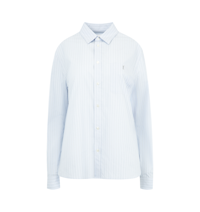 Image 1 of 2 - BLUE - SAINT LAURENT Striped Cotton Poplin Shirt featuring buttoned shirt made with certified cotton, a pointed collar, chest pocket with logo embroidery, front button closure and one-button mitered cuffs. 100% cotton. Made in Italy.
