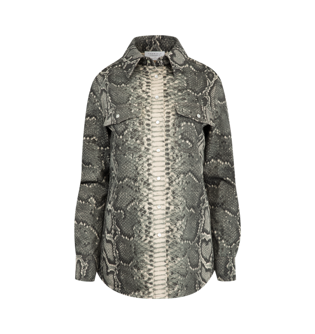 Image 1 of 3 - GREY - GABRIELA HEARST John Austin Shirt featuring loose fit, long sleeve, button-up, dual pockets and print throughout. 100% recycled cotton. Made in Italy.