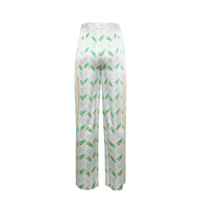 Image 2 of 3 - MULTI - CASABLANCA Logo Print Silk Trousers featuring abstract logo print and wavy side stripes, high rise, flat front, side slip pockets, wide legs, full length and invisible side zip. 100% silk. Lining: polyester. Made in Italy. 