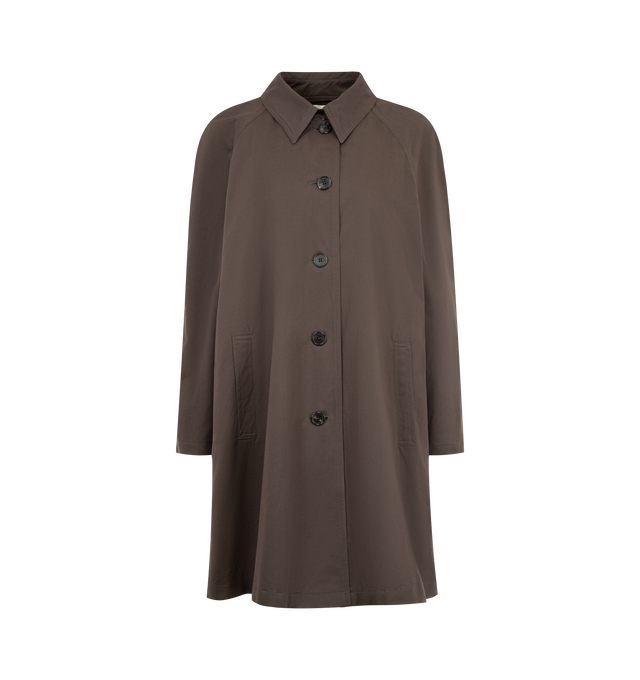 Image 1 of 3 - BROWN - THE ROW Hawkins Coat featuring single-breasted car coat in smooth technical gabardine with relaxed thigh length fit, slightly cropped raglan sleeves, slant went pockets and exposed front button closure. 55% polyester, 45% cotton. Half lined in 100% cotton. Made in Italy.