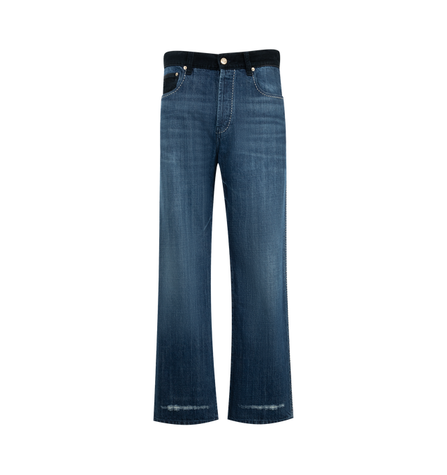 Image 1 of 3 - BLUE - Wales Bonner Men's Studio Jeans are crafted from pure cotton denim and contrasting corduroy waistband, contrast stitching, and subtle distressed detailing for a lived-in finish. Embroidered branding at the coin pocket and a leather logo patch at the back complete the heritage-inspired design. Main Material: 100% Cotton.