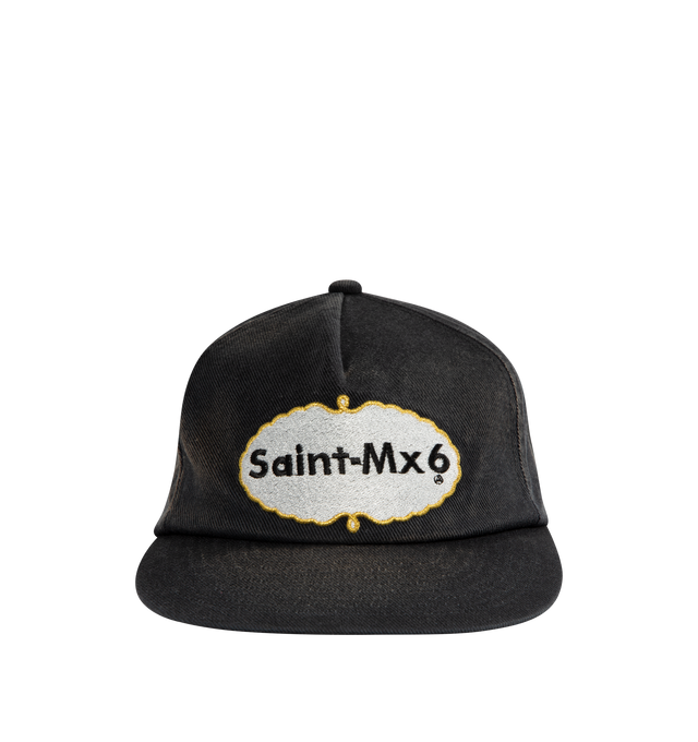 Image 1 of 2 - BLACK - Saint Michael Eat Me 5 Panel Cap featuring embroidered designs, flat brim and adjustable back strap.