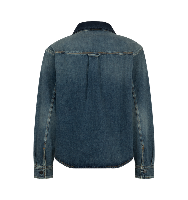 Image 2 of 3 - BLUE - Carhartt WIP Men's Oakland Shirt Jacket is crafted from heavyweight Camano denim and features an unlined construction, a corduroy collar, and a button-front closure with branded buttons. Inspired by the utility details of the brands Double Knee Pant, it is designed with two button-flap chest pockets, kangaroo pockets, bartack reinforcements at key stress points, and a woven Square Label. Main Material: 100% Cotton Camano Denim.