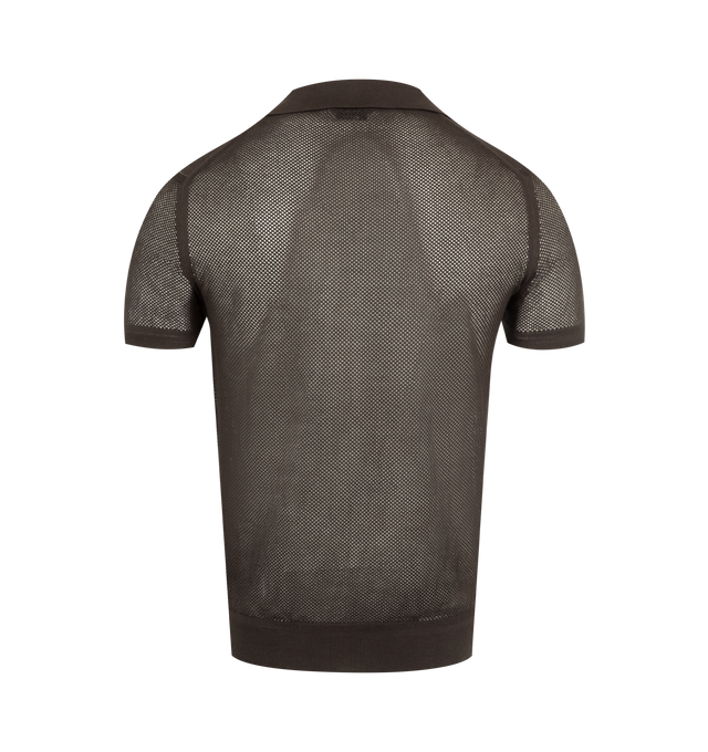 Image 2 of 2 - BROWN - TOM FORD Mesh Buttonless Polo featuring semi-sheer silk and cotton blend, mesh, 18-gauge, rib-knit spread collar, hem, and cuffs and open placket. 50% silk, 50% cotton. Made in Italy.