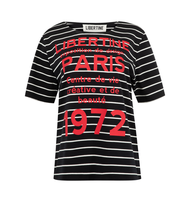 Image 1 of 2 - BLACK - LIBERTINE 1972 Paris Tee featuring crew neck, short sleeves, fitted, stripes throughout and print on front. 100% cotton. Made in USA.