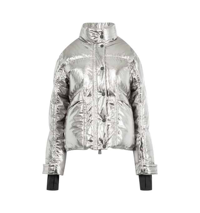 Image 2 of 5 - SILVER - MONCLER GRENOBLE Calaque Metallic Hooded Down Ski Jacket featuring metallic craquel, polyester lining, down-filled and padded, detachable and adjustable hood with teddy lining, YKK AcquaGuard highly water resistant zipper and snap button closure, pockets with snap button closure, inside media pocket with YKK AcquaGuard highly water resistant zipper closure, ski pass pocket, powder skirt, adjustable cuffs, hem with drawstring fastening and stretch jersey wrist gaiters. 100% polyester.