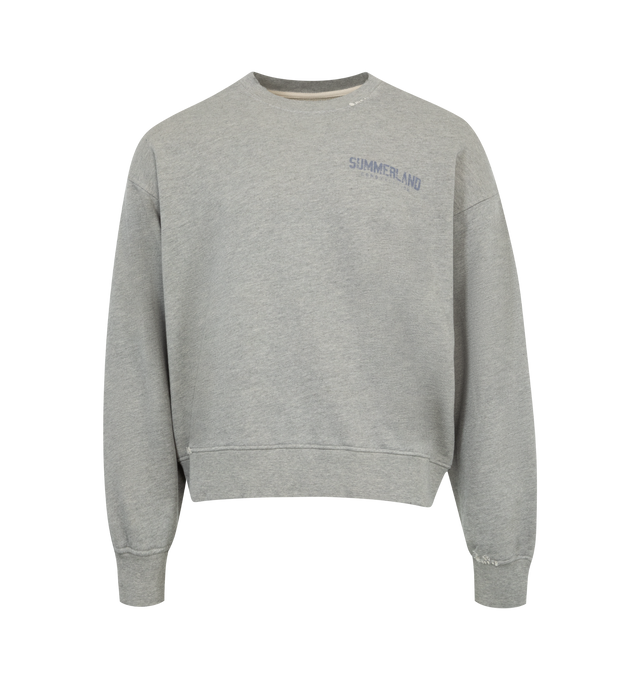 Image 1 of 4 - GREY - NAHMIAS X HIRSHLEIFERS Summerland Construction Crewneck featuring classic crewneck, long sleeves, ribbed cuffs, hem and collar and Summerland Construction motif printed on front and back. 100% cotton.