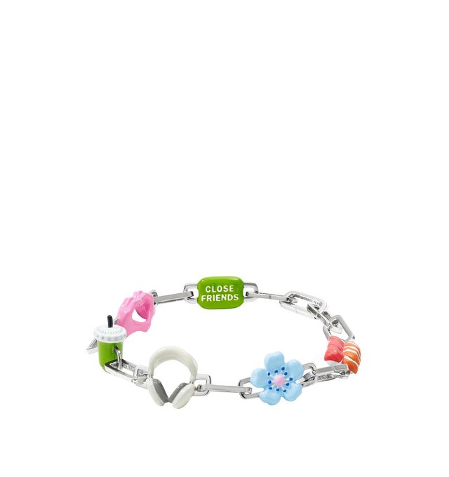 Image 4 of 9 - MULTI - Poubel by The Gstaad Guy Colton completed bracelet set. An ode to the hypebeast homies, matcha wifeys, and everything in between, The Colton Completed Set includes: 1x Close Friends Charm, 1x Heart Hands Charm, 1x Iced Matcha Charm, 1x Headphones Charm, 1x Fleur Bleue Charm (also known as The Blue Flower), 1x Sushi Charm, 9x interchangeable sterling silver links. Poubel links are made with recycled, rhodium plated, sterling silver, comprised of 92.5% pure silver and 7.5% other metal