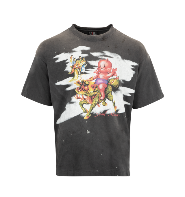 Image 1 of 2 - BLACK - SAINT MICHAEL Damaged Tee featuring crew neck, short sleeves, relaxed fit and graphic print on front and back. 100% cotton.