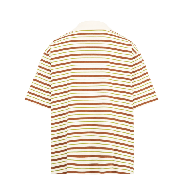 Image 2 of 3 - BROWN - MONCLER Striped Cotton Polo Shirt featuring collar with lace-up closure, short sleeves and striped print. 100% cotton.