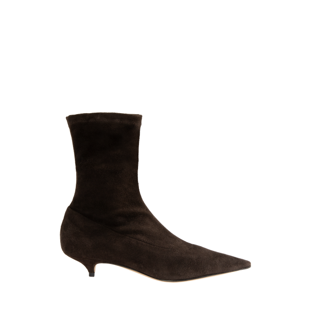 Image 1 of 4 - BROWN - The Row Women's Liisa Kitten Booties are crafted from soft lambskin suede and feature a pointed toe, side zip closure, and a refined kitten heel for an elegant, minimalist silhouette. These designer suede ankle boots combine exceptional Italian craftsmanship with timeless sophistication, making them a versatile choice for effortless day-to-evening styling. Main Material: 100% Lambskin Suede. Sole: Leather. Heel Height: 1.38 in. Made in Italy.