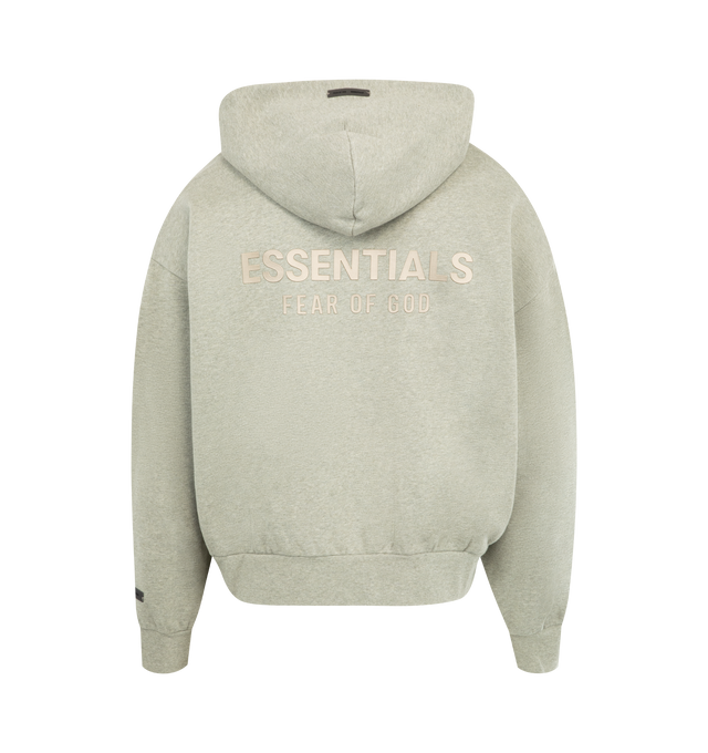 Image 2 of 2 - GREY - FEAR OF GOD ESSENTIALS Classic Fleece Zip-Up Hoodie made from 380gsm core fleece featuring a classic fit with signature Fear of God relaxed proportions. A new beveled metallic "Essentials Fear of God" logo is branded across the back. Details include a double-layer hoodie, rib-knit cuffs, waist-hem, and a kangaroo pocket. A "Fear of God Essentials" rubberized label is stitched on the hood and sleeve. 80% cotton, 20% polyester fleece.