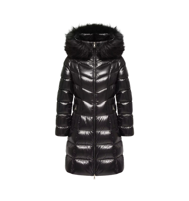 Image 1 of 1 - BLACK - Moncler Women's Fulmarusse Hooded Down Jacket is crafted from glossy nylon laqu and features a long, down-filled silhouette designed for exceptional warmth and refined cold-weather style. Detailed with a fixed hood trimmed with detachable faux fur, this elegant puffer is finished with a front zip closure, zipped pockets, elasticized cuffs, and the signature logo patch pocket at the sleeve. The streamlined design combines Moncler's performance heritage with a sophisticated urban aesthe