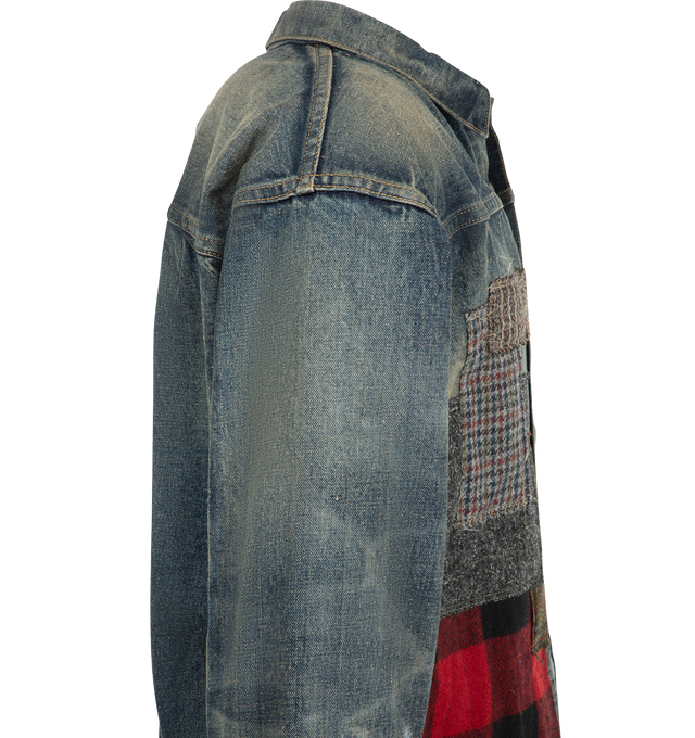 Image 3 of 3 - MULTI - Junya Watanabe Man x New Manual Men's Cotton Denim Multi Fabrics Mix Trucker is crafted from cotton denim and features a boxy, slightly cropped silhouette, patchwork construction, dropped shoulders, and a front button closure. Designed as part of the Junya Watanabe Man x New Manual collaboration, this trucker jacket is finished with a T-back silhouette, vintage-inspired wash, paint-splatter-effect detailing, and a metal-buckled cinch-back adjuster at the lower back. Main Material: 100