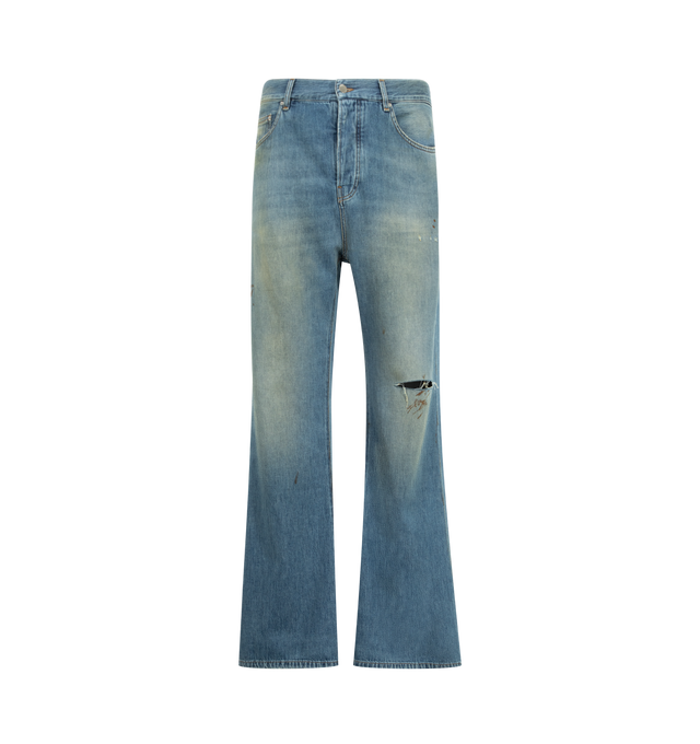 Image 1 of 3 - BLUE - Amiri Mens Slash Bootcut Jeans are crafted from cotton denim. Features a bootcut fit, washed and distressed finish, slashed detailing, classic five-pocket styling, and zip-fly with button closure. Main Material: 100% Cotton. Made in Italy.