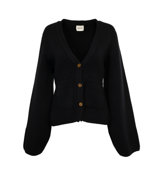 Image 1 of 3 - BLACK - KHAITE Scarlet Cardigan featuring fisherman's rib-stitched trim, patch pockets, tortoiseshell buttons, deep v-neck, cropped silhouette and extended sleeves. 95% cashmere 5% elastane. 