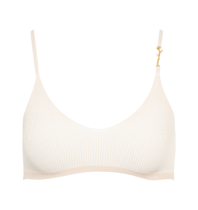 Image 1 of 2 - PINK - JACQUEMUS Le Bandeau Pralu Bra featuring fitted shape, two tone rib knit, flat straps, gold metal charm logo on left shoulder strap and V-neckline. 80% viscose, 10% polyamide, 10% polyester. Made in Portugal. 