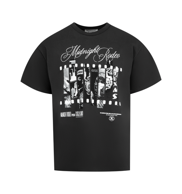 Image 1 of 2 - BLACK - MIDNIGHT RODEO Psychological Thriller Graphic T-Shirt featuring faded snapshots of a famed art installation in Amarillo, Texas, crewneck and short sleeves. 100% cotton. Made in the USA.