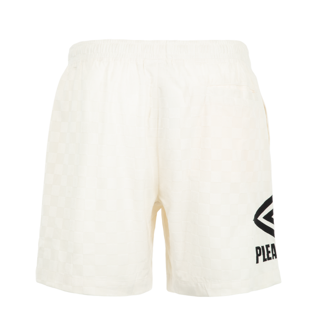 Image 2 of 3 - CREAM - Pleasures Men's Classic Shorts are crafted from lightweight polyester and feature an allover jacquard checker pattern. Designed with an athletic-inspired silhouette, the shorts are finished with embroidered detailing and a printed logo for a signature branded touch. Main Material: 100% Polyester.