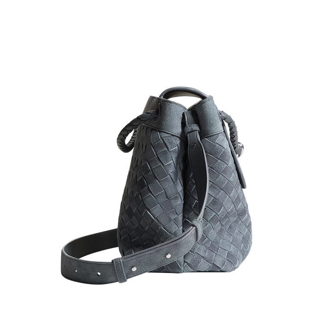 Image 5 of 6 - GREY - BOTTEGA VENETA Andiamo Messenger Bag featuring intrecciato suede leather messenger with denim effect and adjustable detachable cross-body strap, two interior compartments with two flat open pockets and one zipped pocket and flap closure. Lambskin. Lining: canvas. 10.2" x 14.6" x 5.1 Made in Italy.