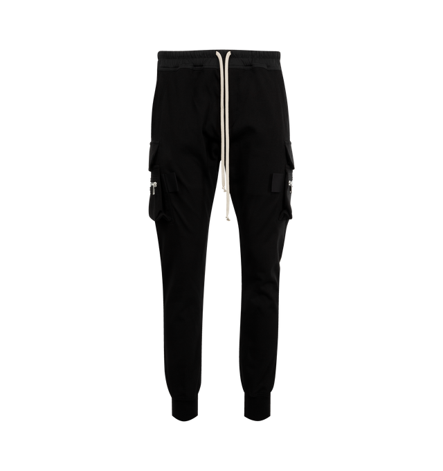 Image 1 of 3 - BLACK - RICK OWENS Mastadon Cargo Pants featuring slim-fit, stretch GOTS-certified organic cotton, drawstring at elasticized waistband, four-pocket styling, button fly, pen slots at front, elasticized cuffs and cargo and zip pocket at outseams. 97% cotton, 3% elastane. Made in Italy.