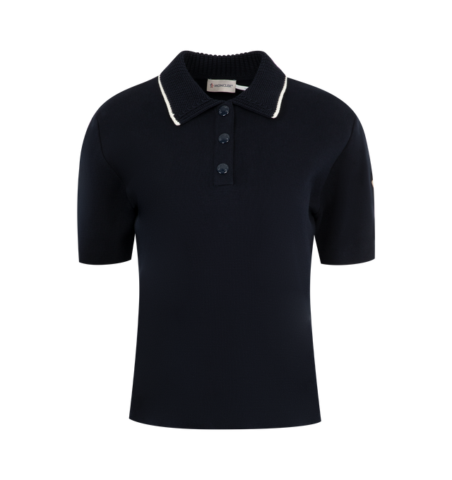 Image 1 of 3 - NAVY - MONCLER Knit Polo featuring knit collar, gauge 7, short sleeves and snap button closure. 100% cotton.
