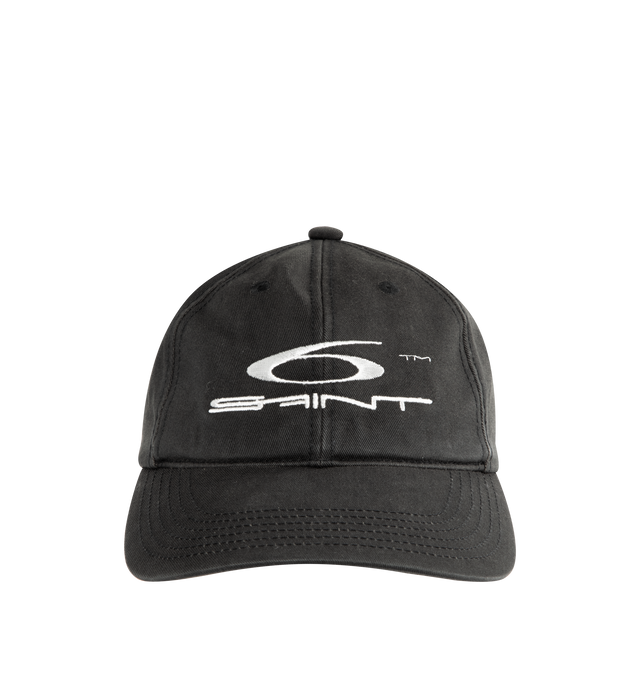 Image 1 of 2 - BLACK - SAINT MICHAEL Saint 6 Cap featuring 6-panel cap, embroidery details on from and back, woven eyelets, adjustable velcro strap on back and curved brim. 100% cotton.