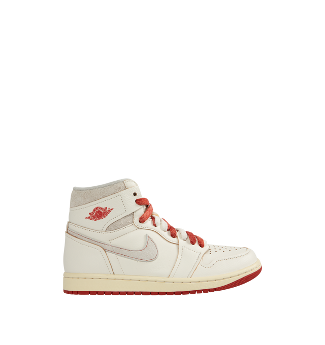 Image 1 of 5 - WHITE - JORDAN Air Jordan 1 High OG Sneaker featuring wings logo on collar, woven tongue, "Nike Air" Swoosh design on tongue top and raw-edge stitching.
