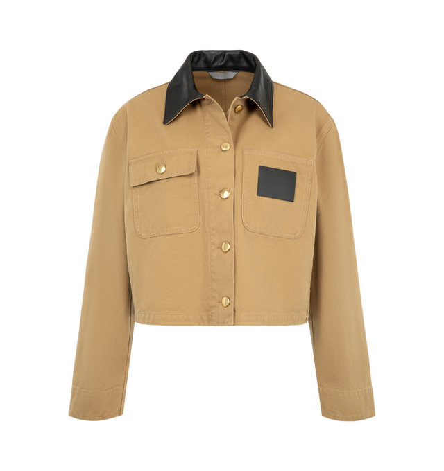 Image 1 of 3 - NEUTRAL - Balenciaga Women's Cropped Workwear Jacket is crafted from heavyweight cotton and features a cropped silhouette with a flat calfskin leather collar, a double-breasted five-button front, and gold-tone button detailing. Inspired by classic utility workwear, this designer jacket is finished with buttoned cuffs, a flap chest pocket, a patch pocket with a Balenciaga logo leather patch, and two front slash pockets, combining functional design with the house's modern aesthetic. Main Materi