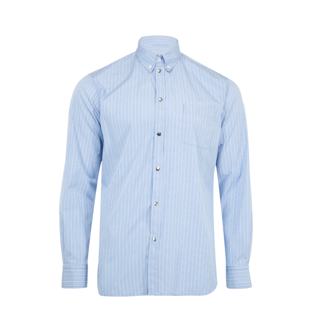 Image 1 of 3 - BLUE - MONCLER Striped Oxford Cotton Shirt featuring striped Oxford cotton, collar with mother-of-pearl button closure, long sleeves, snap button closure, chest pocket, adjustable cuffs and logo patch. 100% cotton.