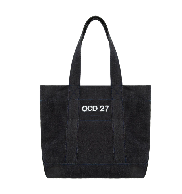 Image 1 of 4 - NAVY - OCD 27 Denim Tote featuring two top handles, open top and embroidered logo. 15"H x 17"W