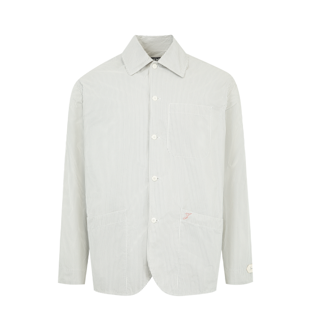 Image 1 of 3 - GREY - JACQUEMUS Boutis Shirt featuring classic collar, front button fastening, patch pockets and stripe pattern. 75% polyester, 25% cotton.