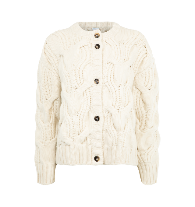 Image 1 of 2 - WHITE - BOTTEGA VENETA Wool Cardigan featuring 3D twisted cable wool, button closure and regular fit. 100% virgin wool. Made in Italy.