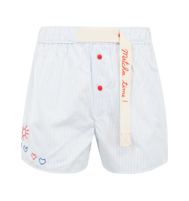 Image 1 of 3 - BLUE - MIRA MIKATI Embroidered Stripe Shorts featuring boxer-inspired shorts, stripes throughout, lightweight, embroidered hearts and a Matcha time grosgrain tape detail. 100% cotton.