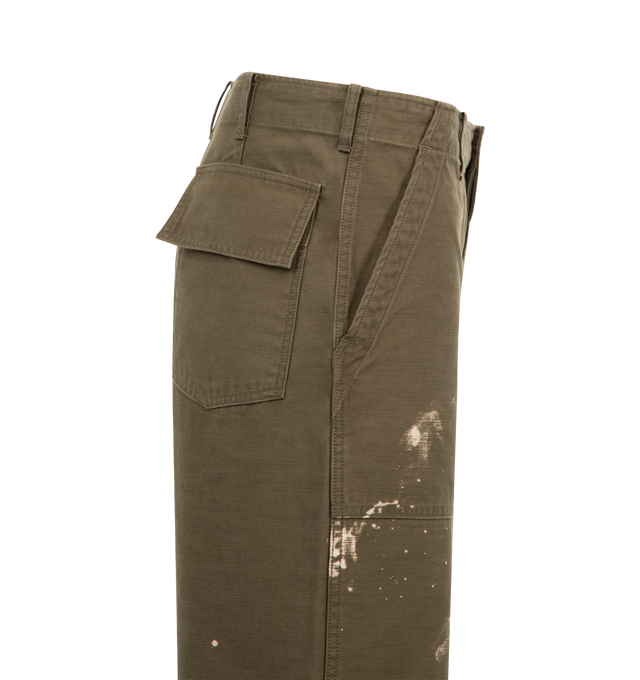 Image 3 of 3 - BROWN - AURALEE Washed Baggy Satin Bleached Baker Pants featuring four pocket style, relaxed fit, button zip closure, belt loops and paint throughout. 100% cotton.