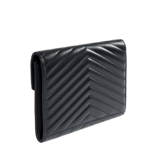 Image 2 of 3 - NAVY - SAINT LAURENT Flap Pouch featuring chevron quilted overstitching, cotton lining, snap button closure, one main compartment and one flat pocket. 8.2 X 6.3 X 1.1 in. 90% lambskin, 10% metal. Made in Italy.  