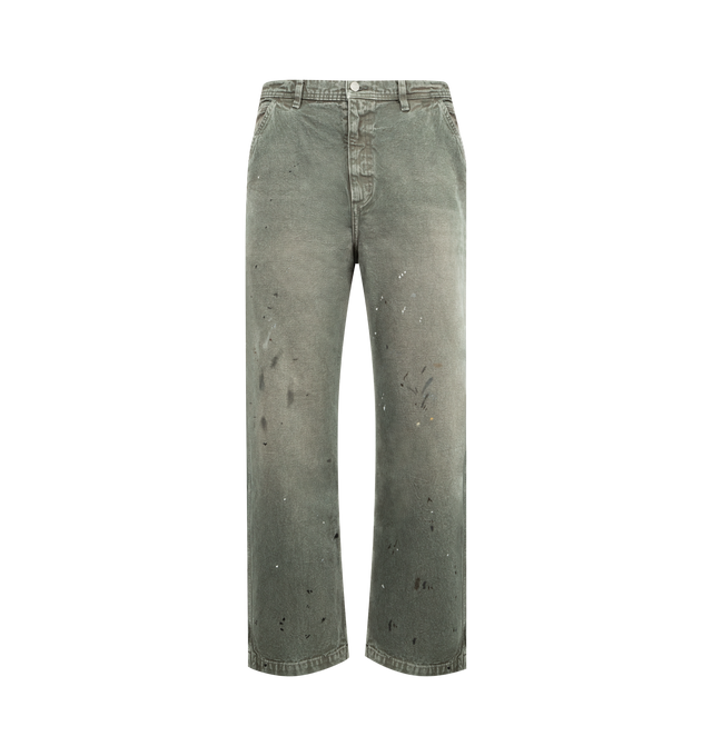 Image 1 of 3 - GREY - ENFANTS RICHES DEPRIMES Paint Pant featuring cotton canvas, five pocket style, belt loops, hammer loop and carpenter side pockets and distressing throughout. 100% cotton.