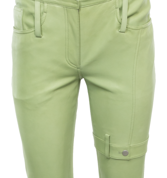 Image 4 of 4 - GREEN - Acne Studios Leather Trousers in a regular fit with a low waist, straight leg and long length. Crafted from leather with a 5-pocket construction. Featuring a deconstructed waistband and pocket details on the leg. Fully lined with Viscose. 
