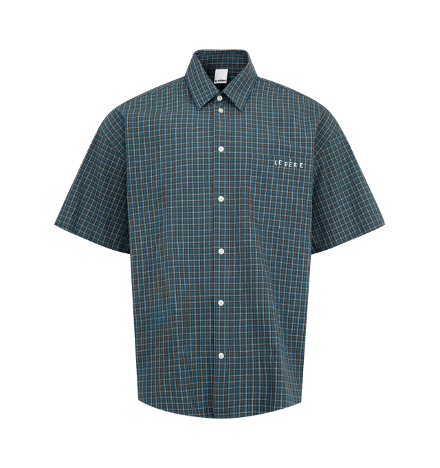 Image 3 of 4 - BLUE - LE PERE Detached Sleeve Button Down featuring cotton fabric made in Japan, oversized fit, paneled construction, dropped shoulders, detachable long sleeves in both contrast colorway and the same fabrics, spread collar, button closure, shirttail hem and an embroidered "le PRE" logo on the chest pocket. 100% cotton. Made in Italy.