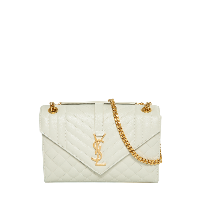 Image 1 of 4 - WHITE - SAINT LAURENT Envelope Medium Chain Bag featuring one exterior back pocket, magnetic snap tab, diamond quilt overstitching and grosgrain lining. 9.4 X 6.8 X 2.3 inches. 100% calfskin leather. Made in Italy.  