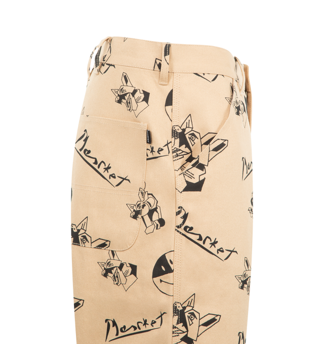 Image 3 of 3 - BROWN - MARKET Smiley Cubism Double Knee Pant featuring button zip closure, printed graphic throughout, a double knee design, bel loops, relaxed fit and four pocket style.