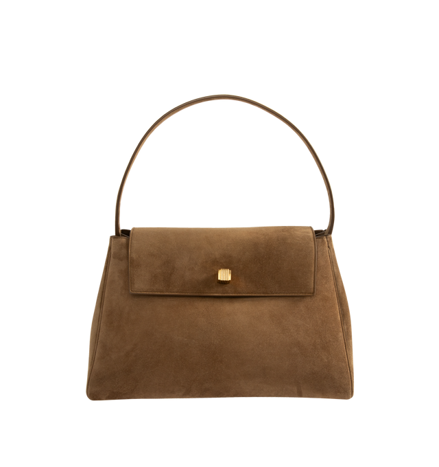 Image 1 of 3 - BROWN - KHAITE Audrey Top Handle Bag featuring a flap-top bag that combines sculptural volume with refined structure, signature Empire hardware at magnetic closure and internal slip pocket. 13.1 in x 7 in x 8.8 in. 100% calfskin. Made in Italy.