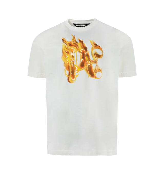 Image 1 of 2 - WHITE - PALM ANGELS Burning PA T-shirt featuring crew neck, short sleeves, logo print to the front and gold-tone logo plaque at the nape. 100% cotton. 
