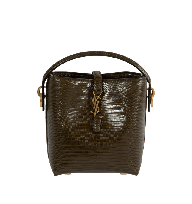 Image 1 of 3 - GREEN - SAINT LAURENT Le 37 Mini Bucket Bag featuring flat top handle, detachable, adjustable shoulder strap, top handle and shoulder strap, open top with center YSL logo strap, light bronze hardware and feet to protect bottom of bag. 5.1"H x 5.9"W x 2.3"D. Lizard leather. Made in Italy.  