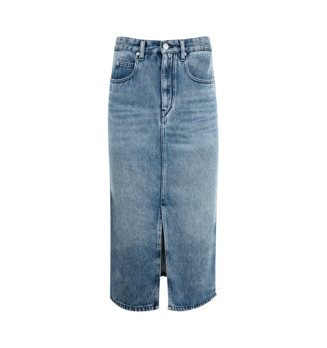Image 1 of 2 - BLUE - ISABEL MARANT Tilauria Midi Skirt in fine denim featuring fitted waistband with loops, metal button tab with a zipper, 5 classic pockets, front slit, leather label in back with an "Isabel Marant" logo, silver-finish metal rivets and straight cut. 77% lyocell, 23% cotton.