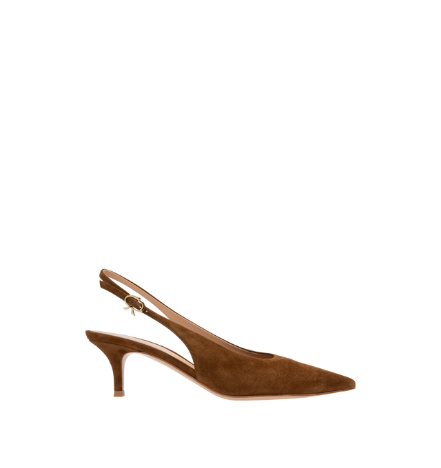 Image 1 of 4 - BROWN - Gianvito Rossi Robbie Slingback 55 crafted from supple suede featuring a pointed-toe and 55mm kitten heel. The back strap is completed with the metallic Ribbon buckle, signature of the Maison. Handmade in Italy. 100% SUEDE.