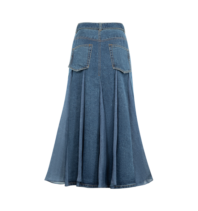 Image 2 of 3 - BLUE - SACAI Denim Hybrid Midi-Skirt featuring Japanese denim, midi length, classic styling at the front and a hybrid-pleated design at the back, slightly A-line silhouette, D-ring belt, five-pocket style and zip fly. 100% cotton. Lining: 100% cupro. Made in Japan.